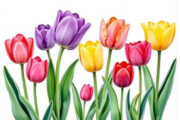 Fototapeta premium Vibrant Colorful Tulips Spring Flowers Bouquet Isolated on White Background