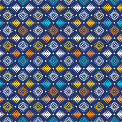 Ethnic geometric wallpaper design. Seamless geometry pattern with aztec ornament. Ornamental tribal blue background. EPS 10 vector illustration.