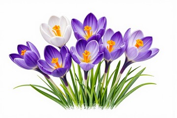 Naklejka premium Vibrant Spring Crocus Flowers Bouquet Purple and White Blossoms Isolated on White Background