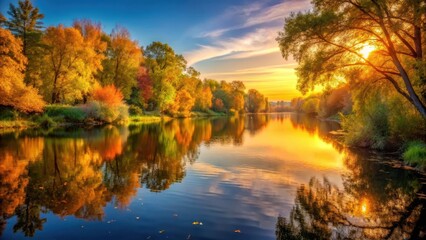 Obraz premium A serene and peaceful autumn river scene with golden hues of sunset reflected on calm water