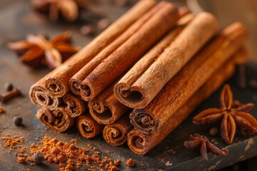 A close-up view of rolled cinnamon sticks resting on a wooden surface, surrounded by star anise and sprinkled cinnamon powder, providing a warm and inviting feel.