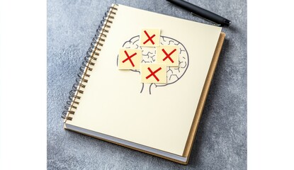 Notebook with drawn brain and red crosses
