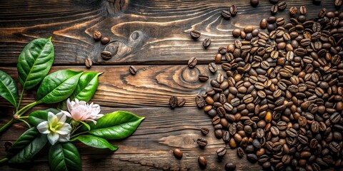 Rich brown coffee beans scattered on a weathered wooden floor