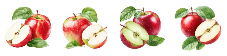 Vibrant red and green apples with leaves