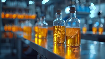 Scientific glass bottles containing a vibrant orange liquid, showcasing bubbling and effervescence in a laboratory environment with hints of a modern industrial style.