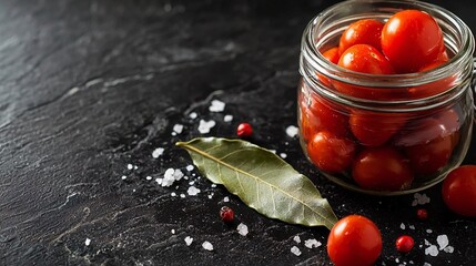 Bright red pickled tomatoes in a glass jar with bay leaf and sea salt on dark background, soft natural light, artistic contrast and texture detail