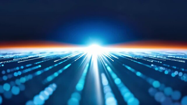 Digital technology network with glowing data particles and bright light beam on blue background. Abstract cyber connectivity visualization featuring illuminated dots, energy rays, and futuristic grid - Powered by Adobe