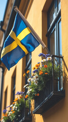 Swedish Flag on Stockholm Balcony with Summer Wildflowers and Colorful Facade