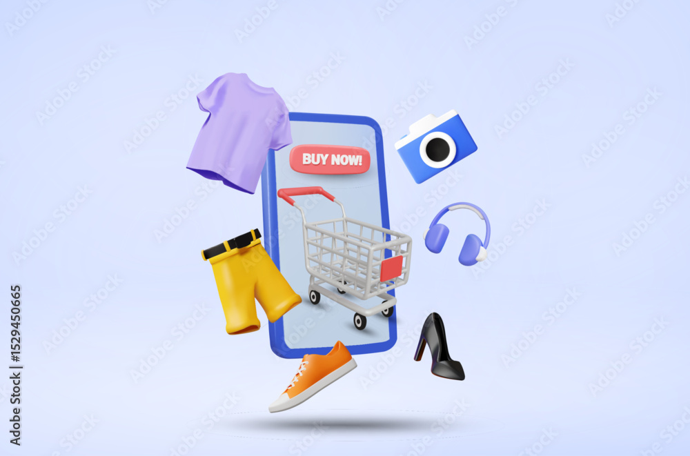 Poster 3d illustration vector rendering of floating mobile phone icon with buy now sign, shopping cart on f
