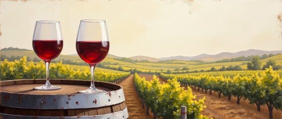 Oil Painting of a Wine Glass on a Barrel Edge with Vineyard Tones and Dynamic Brushwork