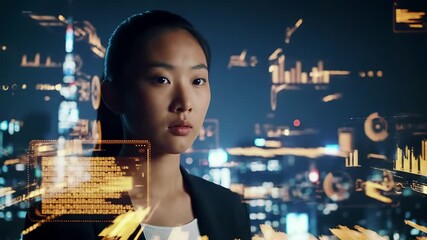 Professional businesswoman with digital holographic data visualization in modern urban cityscape at night. Corporate executive surrounded by futuristic technology interface and glowing financial - Powered by Adobe