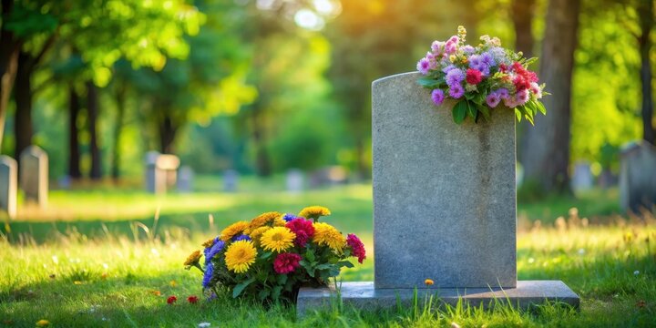 serene weathered gravestone with vibrant fresh flowers in a peaceful cemetery