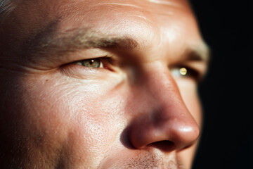 Obraz premium Extreme close-up of man's eyes and face in warm sunlight, focused expression and sharp detail