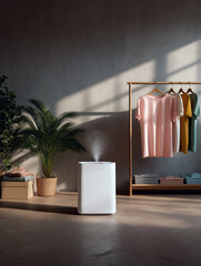 Minimalist interior with pastel t-shirts on clothing rack and air humidifier in natural sunlight, calm and modern home