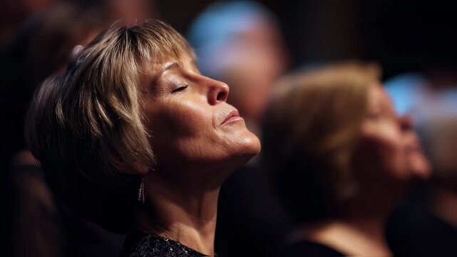 Closeup of a choir member with closed eyes, lost in the music as they sing from the depths of their soul.