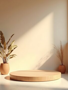 Zen Interior Design Minimalist Wooden Podium with Natural Light, Perfect for Product Display and Mockups, Creating a Serene and Modern Aesthetic Space