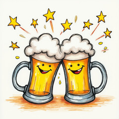 Two Beer Mugs Clinking — Cheers Celebration with Frothy Beer Toast Emoji