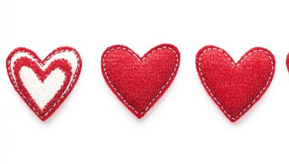 Four red felt hearts, one with white outline, arranged horizontally on white