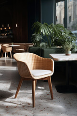Fototapeta premium Wicker chair with cushion in sunlit modern cafe interior surrounded by green plants and warm design elements