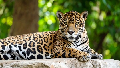 Fototapeta premium Majestic Jaguar Resting on Rock.