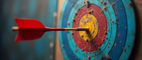 Goal Arrow Hitting Bullseye — 3D Target Left-Aligned with Radial Fade Background
