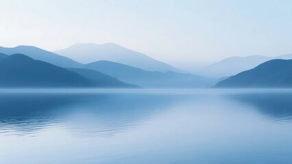 Calm Lake with Distant Mountains and Hazy Atmosphere