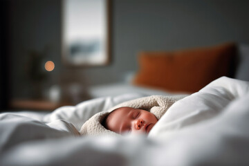 Newborn baby sleeping peacefully in soft white blanket, cozy bedroom and family life concept
