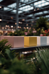 Luxury gift boxes in various colors and sizes on wooden table in sunlight, minimalistic modern packaging design