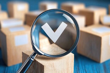 Magnifying glass focuses on a checkmark symbol on a wooden block, surrounded by other blocks