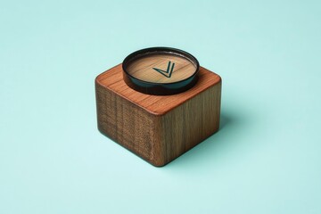Wooden cube base supports a round, dark lens with a teal symbol