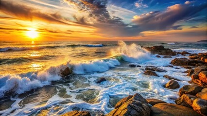 Ocean waves crashing against a rocky coastline at sunrise