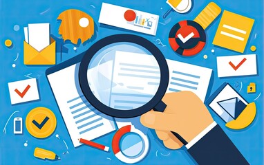 A hand holds a magnifying glass over documents, surrounded by various business-related items on a blue background