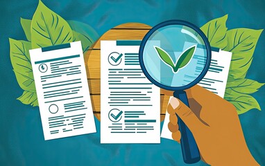 Hand holding magnifying glass over documents with green leaf icons,  and wooden board background