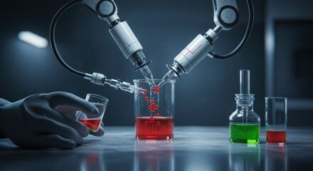 Robotic arms performing experiment in laboratory