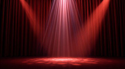 Red spotlight rays with stage curtain background, theater style