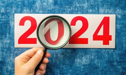 Hand holds magnifying glass over 2024