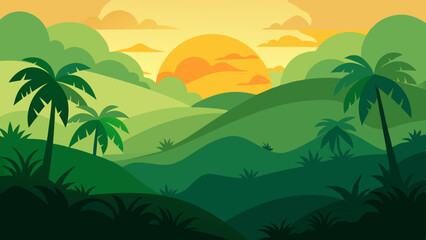 Sunset over lush green tropical hills