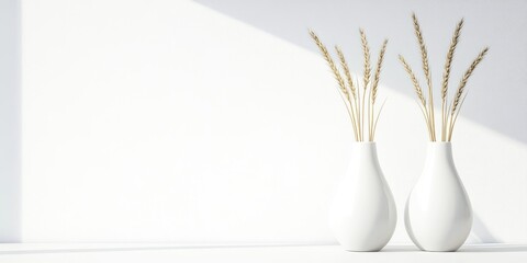 Two white vases with dried wheat stalks on a white wall