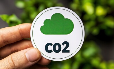 Hand holding a round sticker with a green cloud graphic and the text "CO2" on a white background