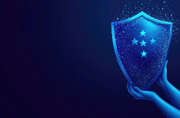 Hands hold a glowing blue shield with stars, water droplets effect, dark background