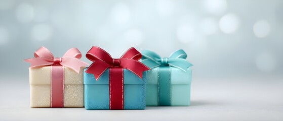 Colorful gift boxes with ribbons on a soft background