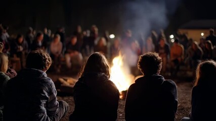Closeup of a group of youth gathered around a campfire, singing and sharing testimonies of how the mission trip has impacted their lives and strengthened their faith.