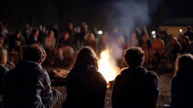 Closeup of a group of youth gathered around a campfire, singing and sharing testimonies of how the mission trip has impacted their lives and strengthened their faith.