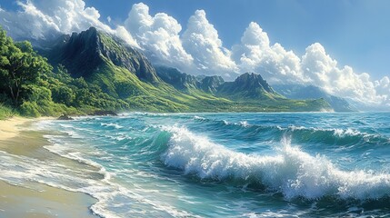 Tropical Coastline with Lush Mountains and Majestic Waves