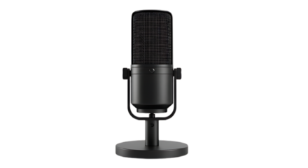Black condenser microphone on stand isolated on transparent background
