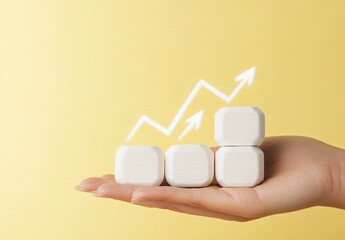 A hand holds small white wooden blocks, arranged in a stack, with a graphic upward trend arrow overlaid