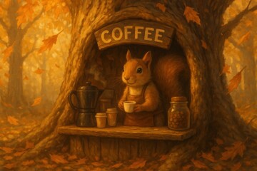Autumn scene with squirrel barista in coffee haven among falling leaves
