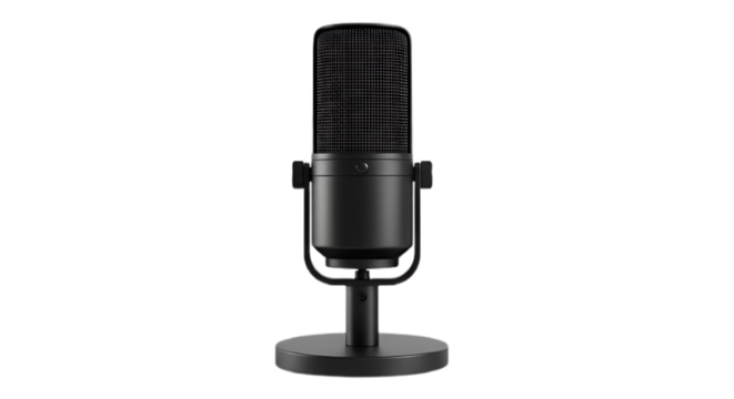 Black condenser microphone on stand isolated on transparent background