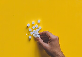 Hand holding scattered white sugar cubes on a bright yellow surface