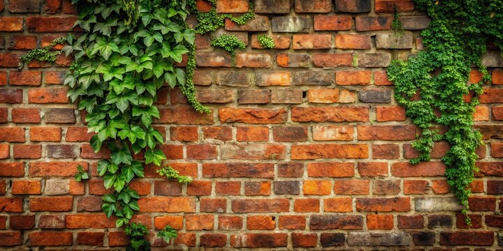 Weathered old red brick wall with ivy and moss